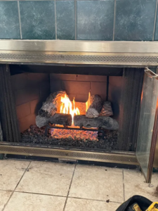 green tile fireplace